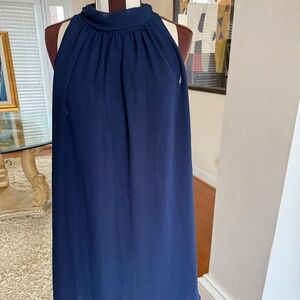 Eva Mendes Sleeveless Midi Chiffon Dress with Neck Tie Medium Blue Flowy NWT